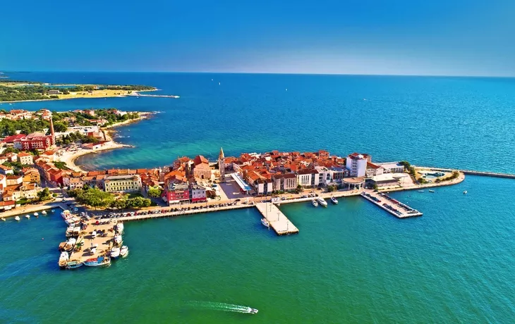 Town of Umag historic coastline architecture aerial view